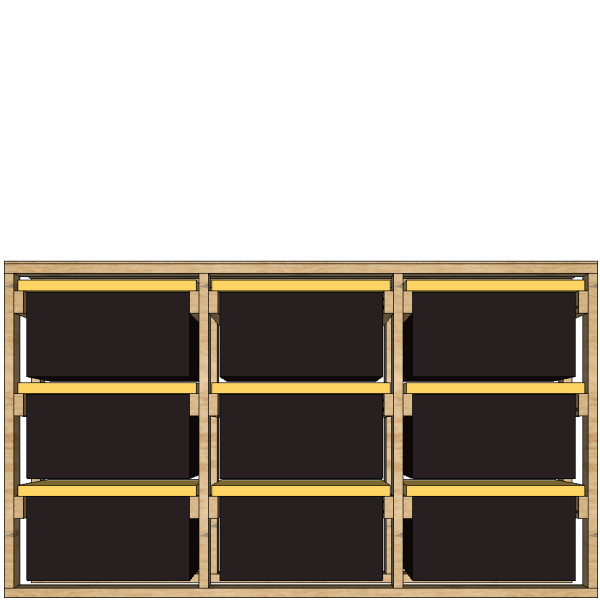 27-gallon tote rack, 3x3 sideways, front view render
