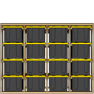 27-gallon tote rack, 4x4, front view render
