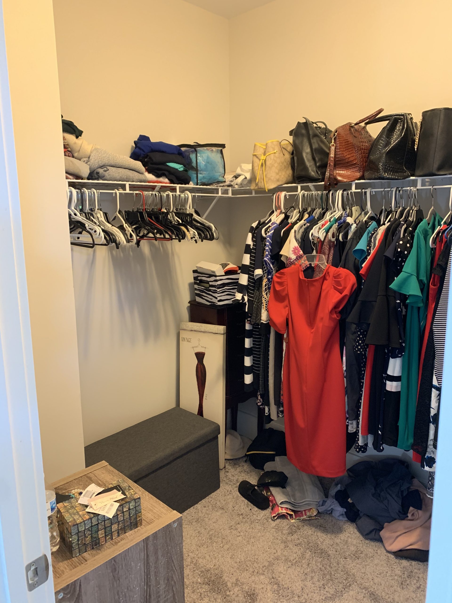 Walk-in closet before - wire shelving